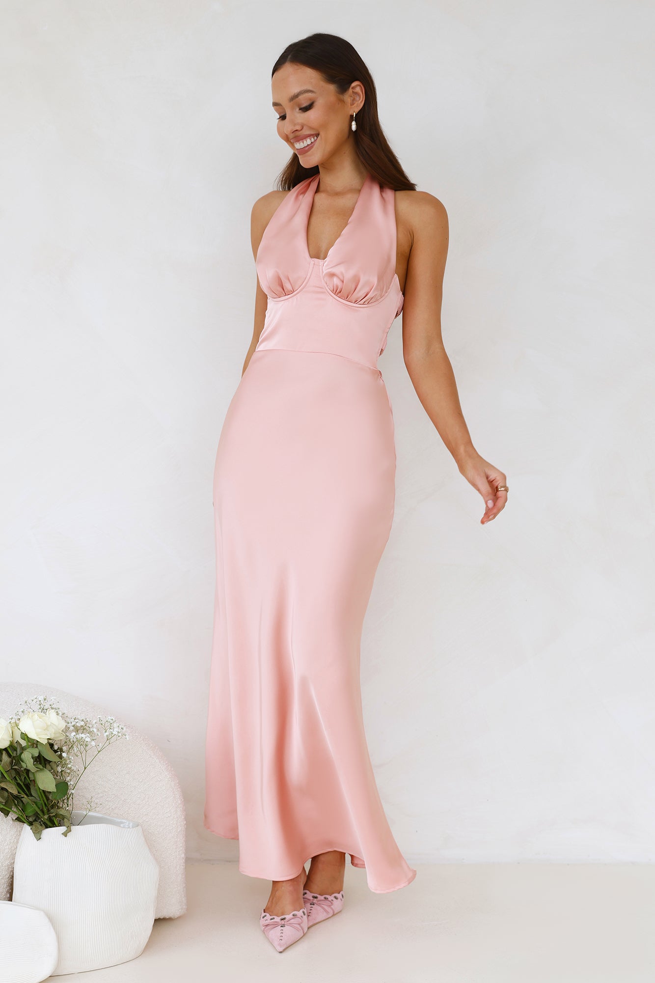 Socialite Events Halter Satin Maxi Dress Peach