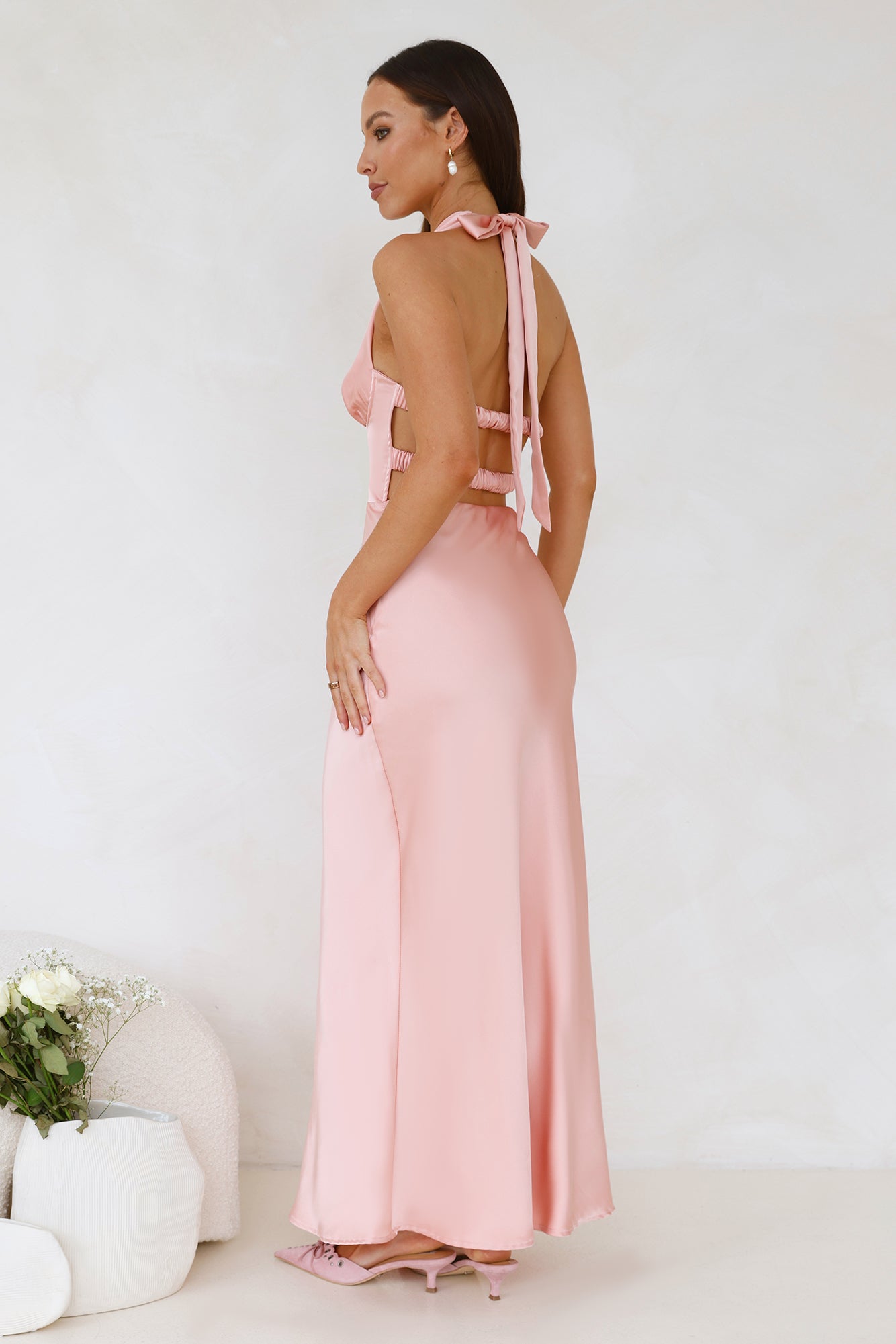 Socialite Events Halter Satin Maxi Dress Peach