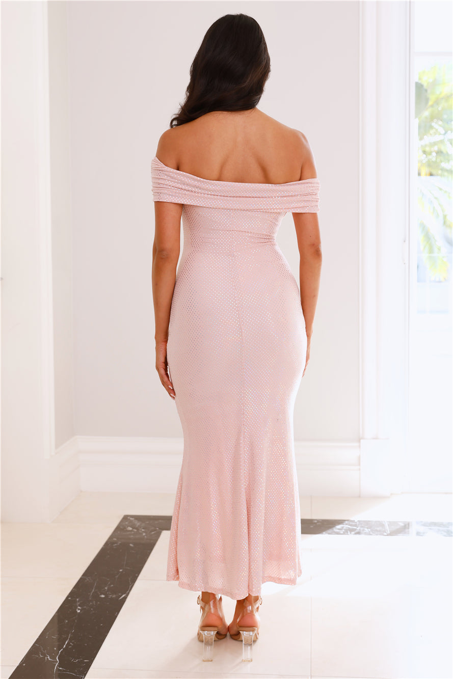 She Has Arrived Off Shoulder Glitter Maxi Dress Pink