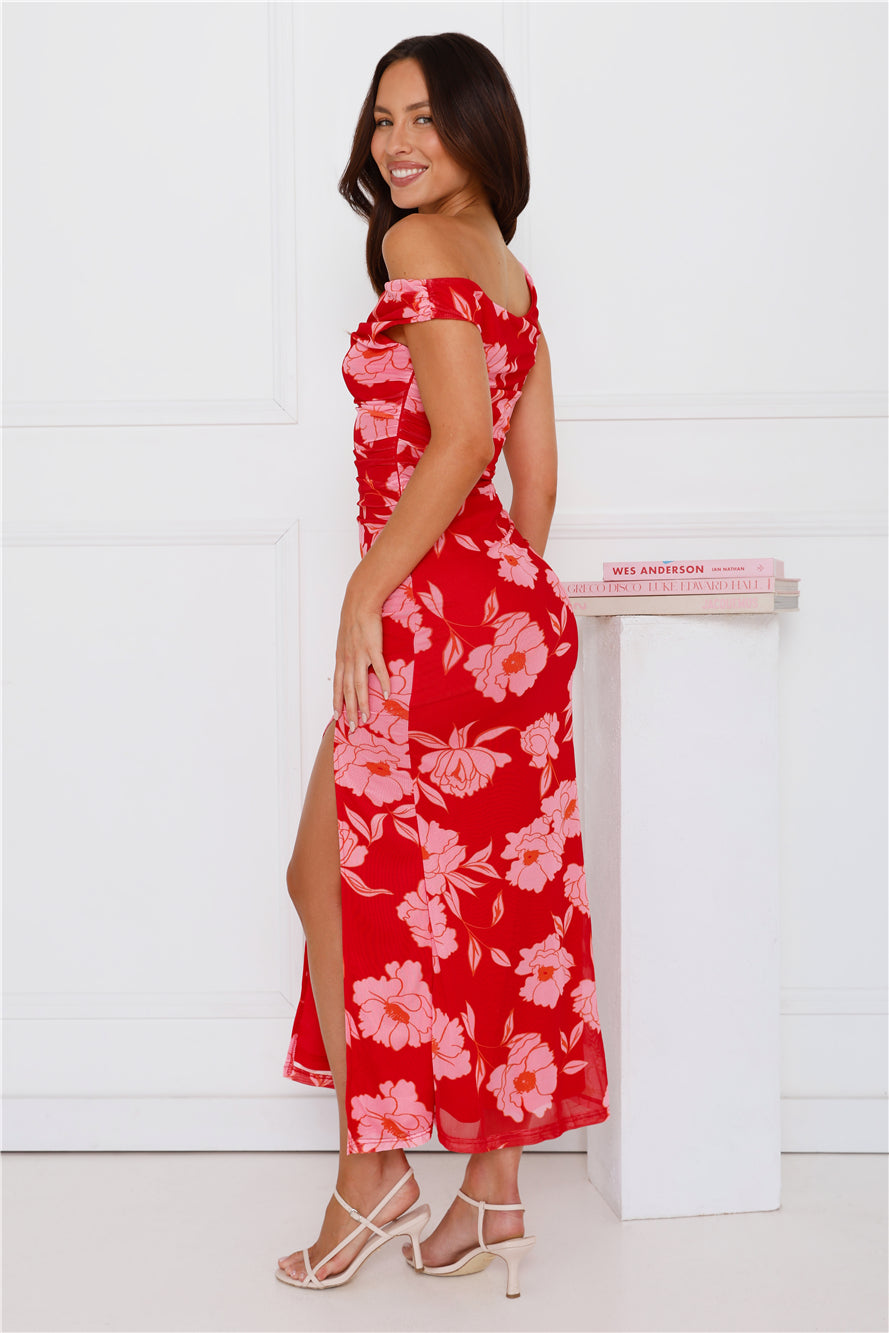 Sunlit Florals Mesh Off Shoulder Maxi Dress Red