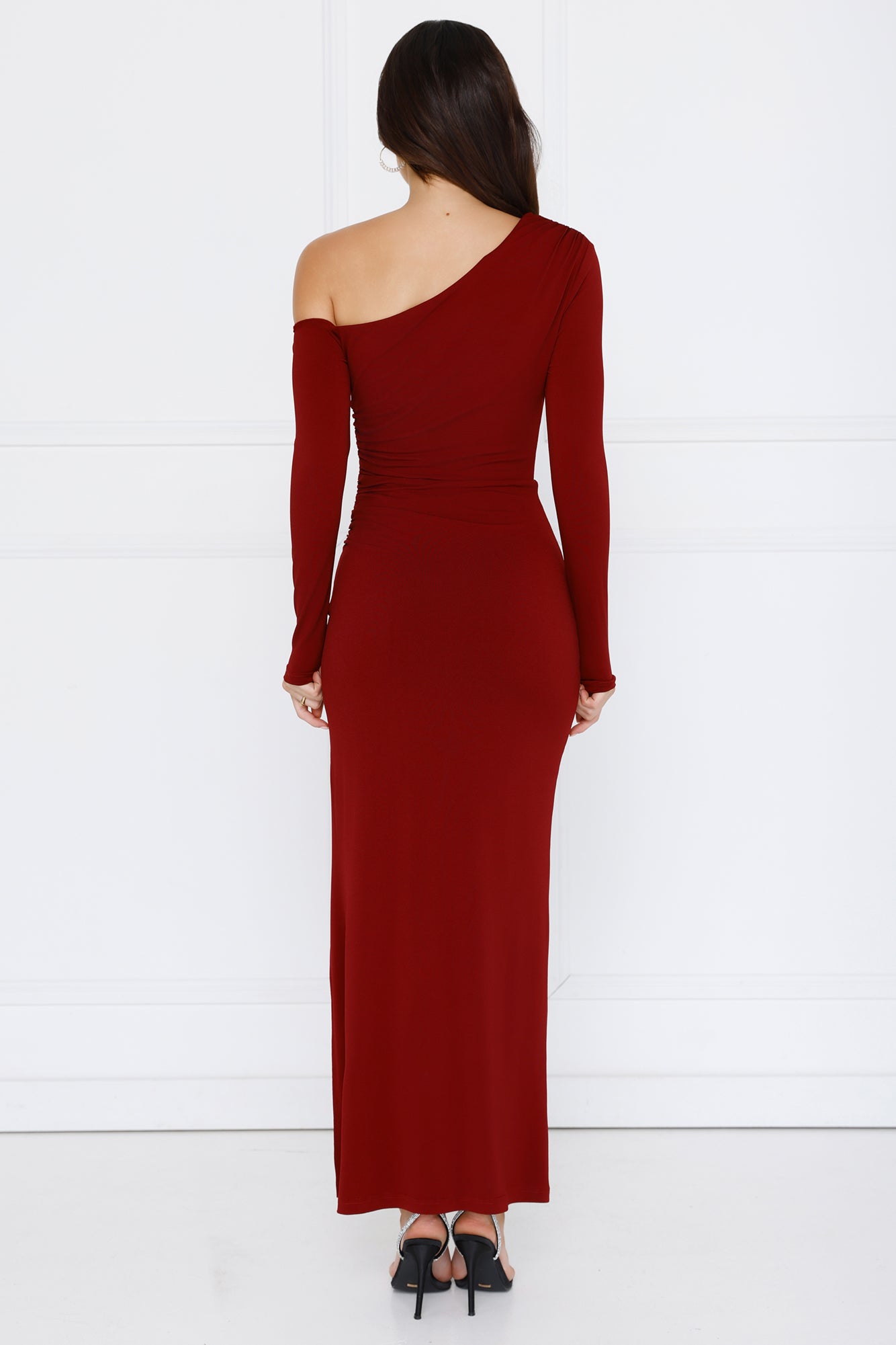Style Diaries Off Shoulder Long Sleeve Maxi Dress Burgundy