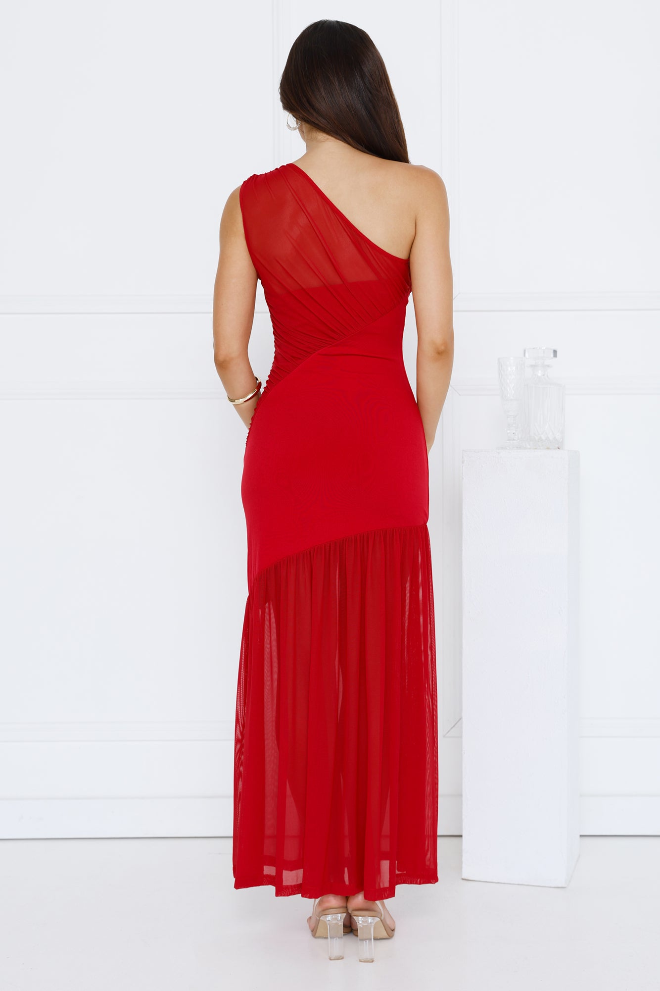 Vibe Style One Shoulder Mesh Maxi Dress Red