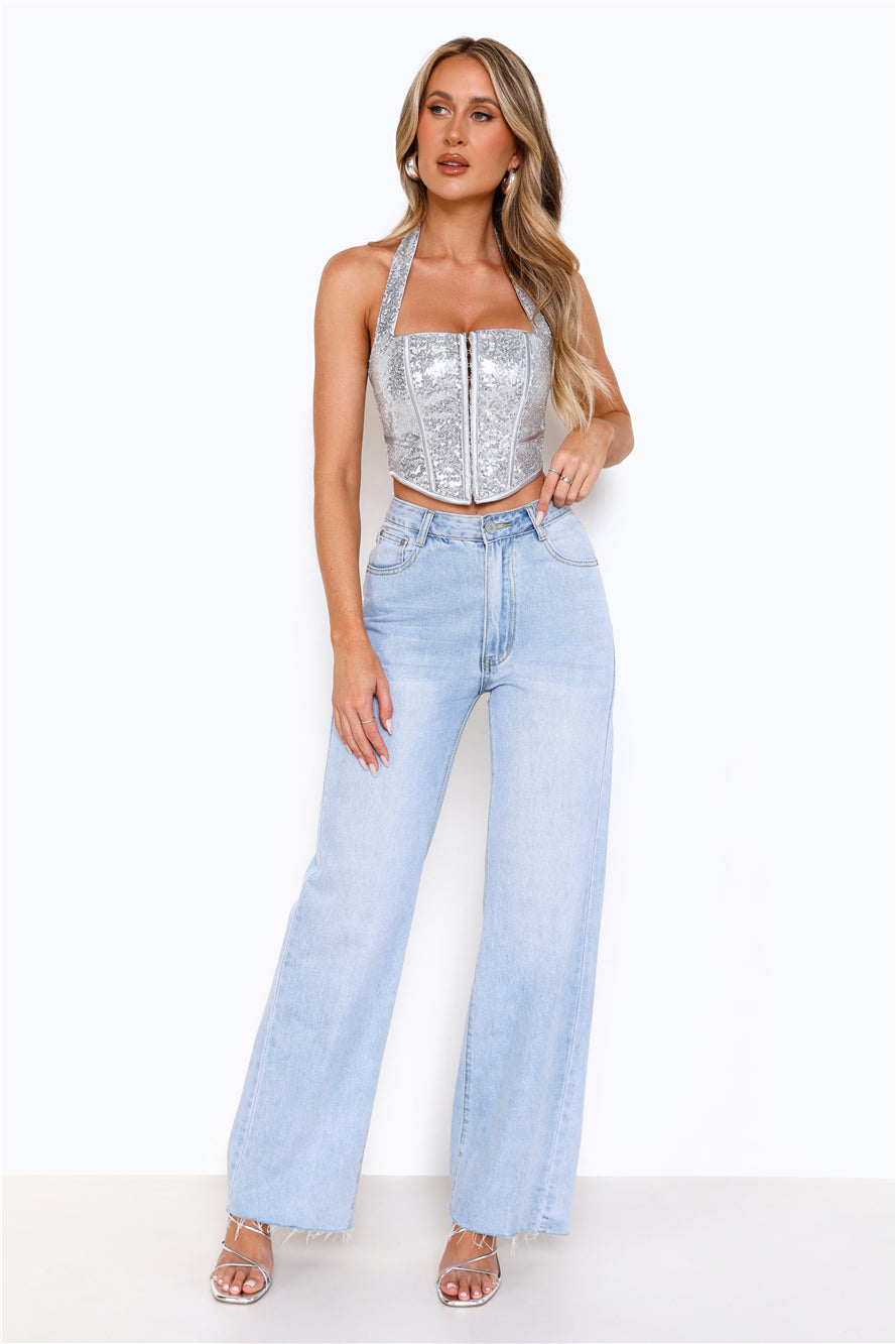 Sequin Edition Halter Corset Crop Top Silver