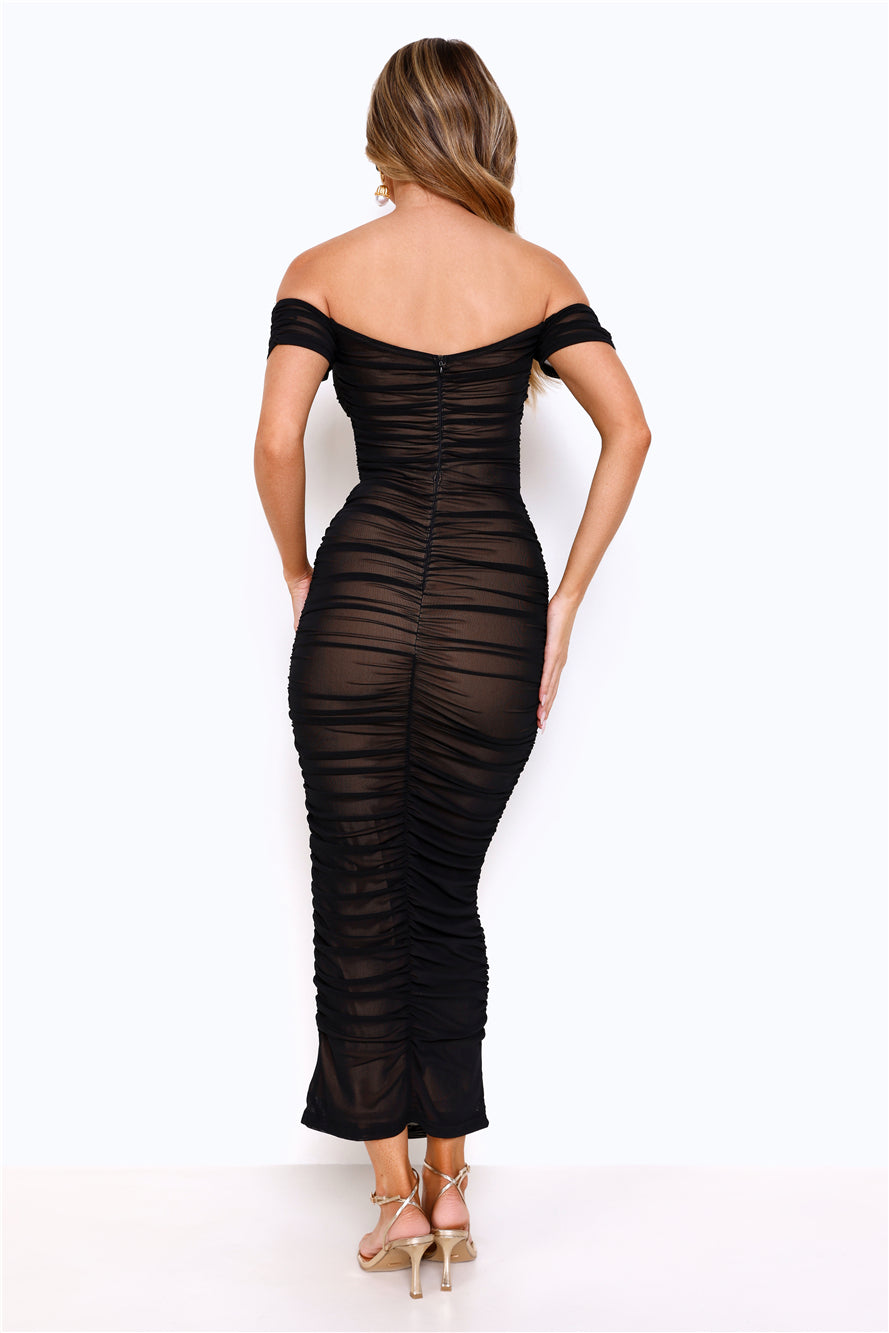 Power Moves Off Shoulder Mesh Maxi Dress Black