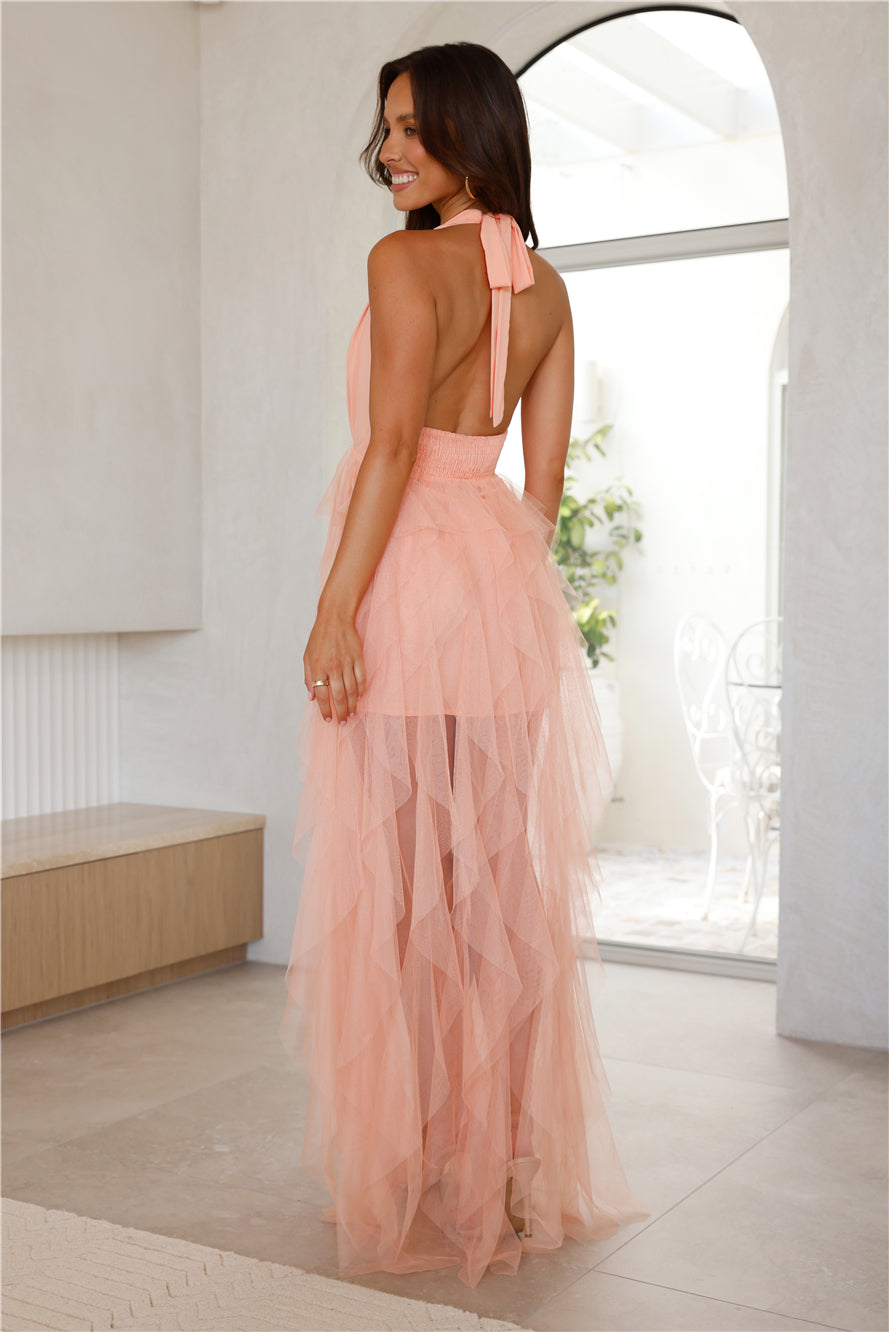 She's A Winner Tulle Halter Maxi Dress Peach