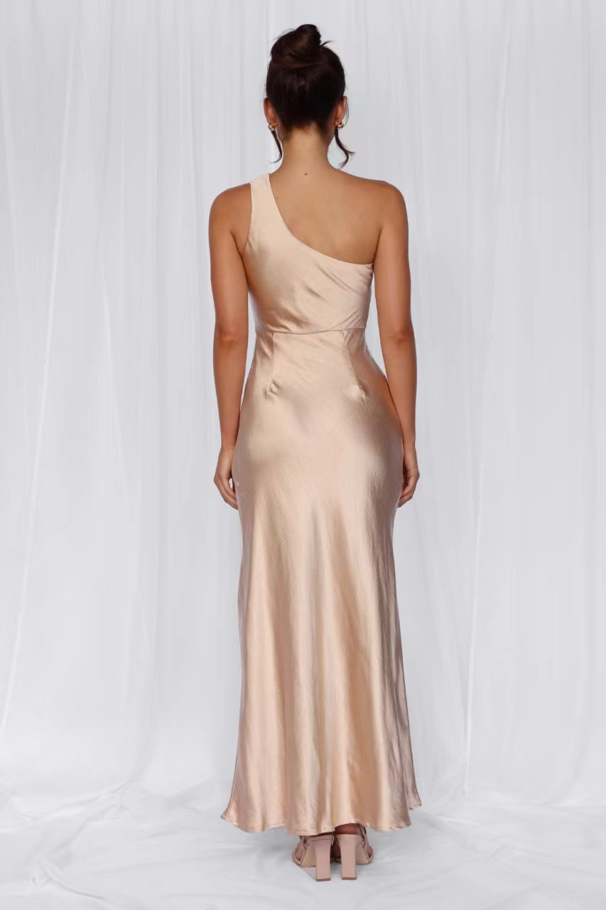 HELLO MOLLY The Aurora One Shoulder Satin Maxi Dress Champagne