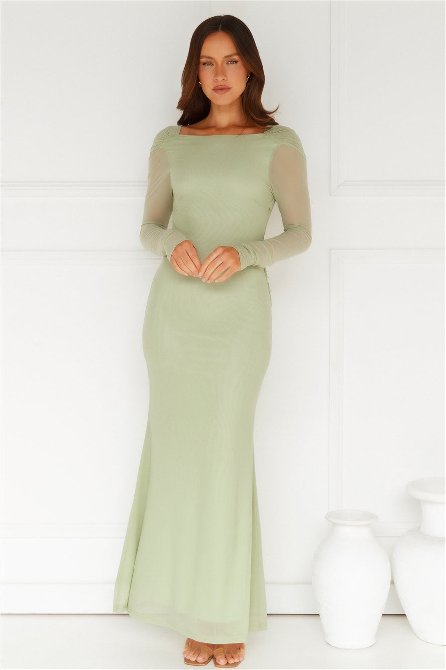 Whimsy Wonder Long Sleeve Mesh Maxi Dress Sage