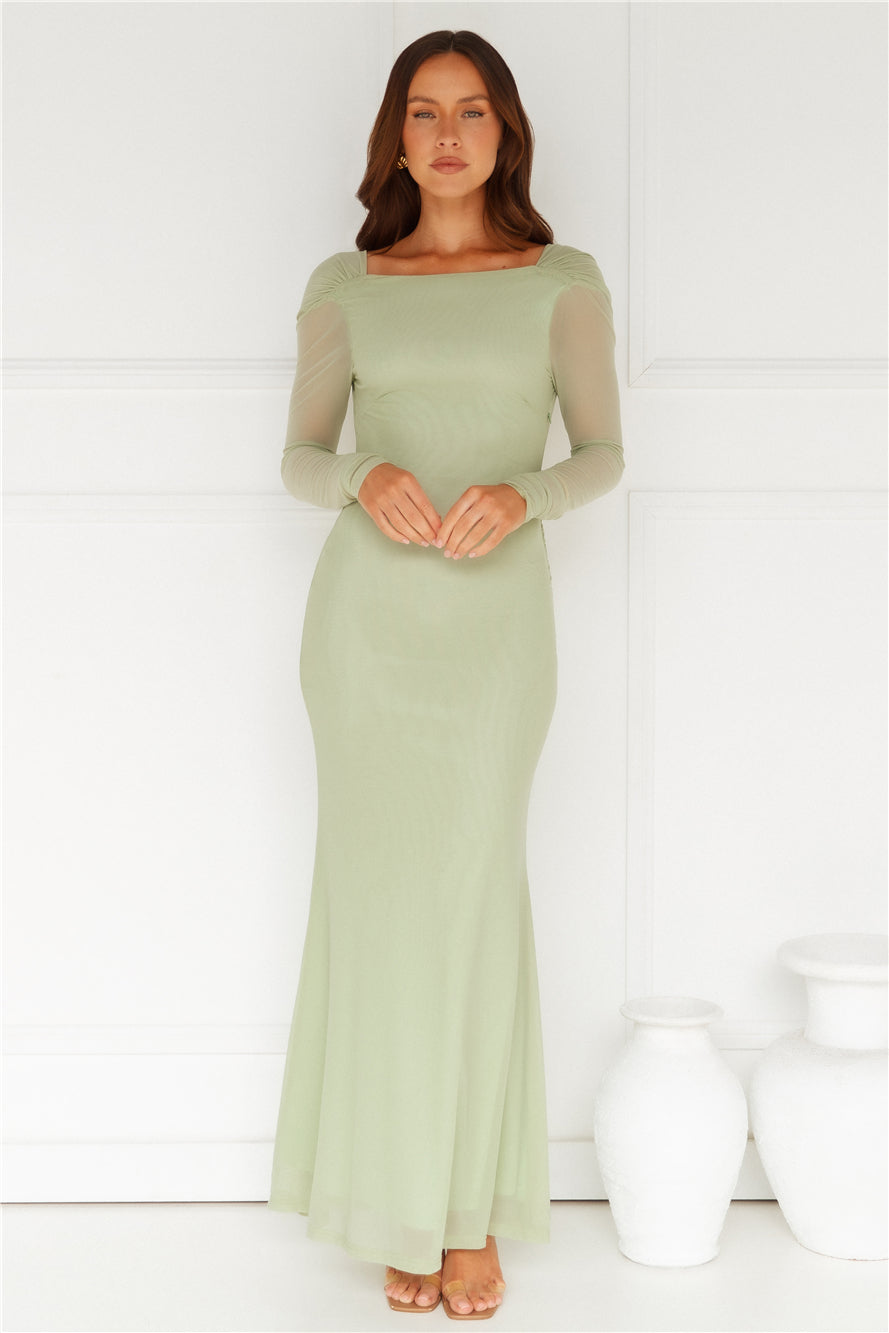 Whimsy Wonder Long Sleeve Mesh Maxi Dress Sage