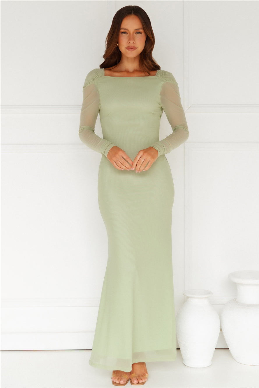 Whimsy Wonder Long Sleeve Mesh Maxi Dress Sage