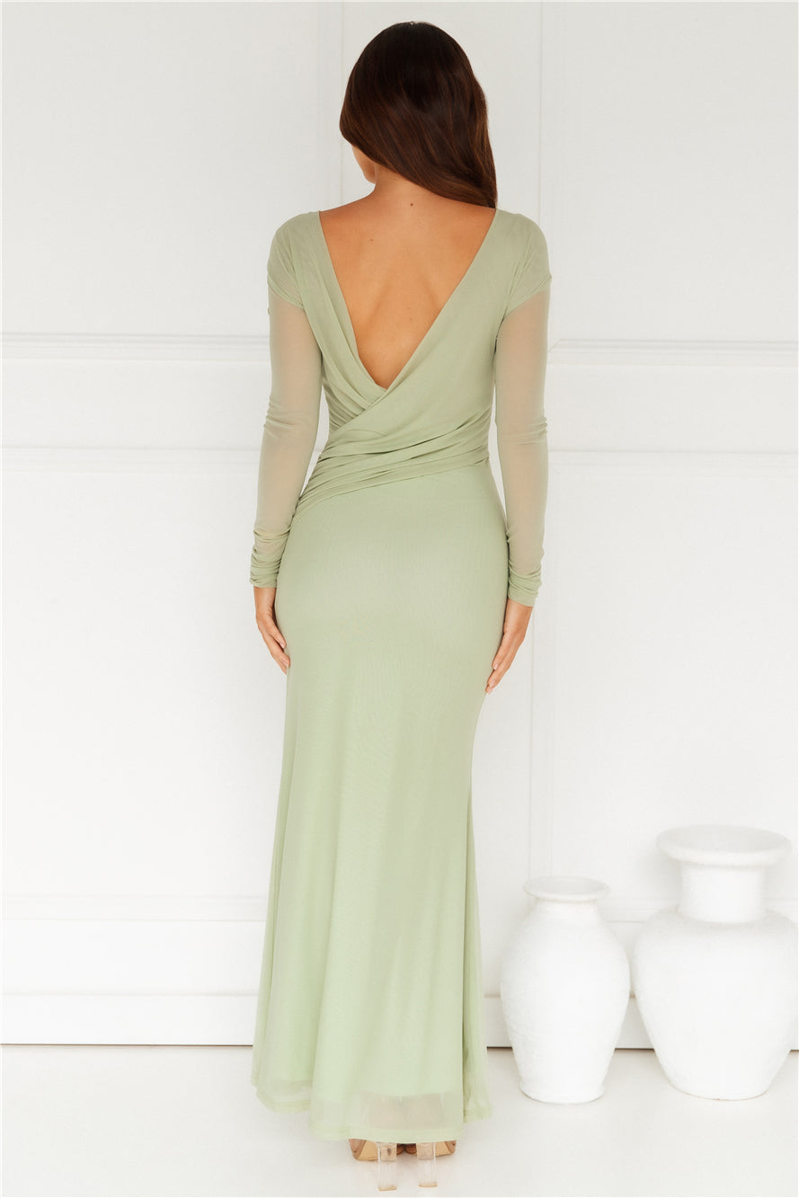 Whimsy Wonder Long Sleeve Mesh Maxi Dress Sage