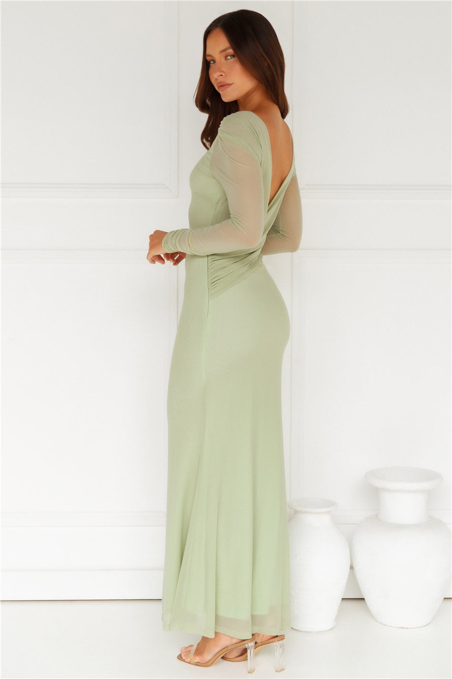 Whimsy Wonder Long Sleeve Mesh Maxi Dress Sage
