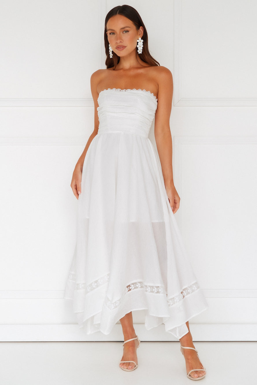 Goddess Of The Moon Strapless Midi Dress White