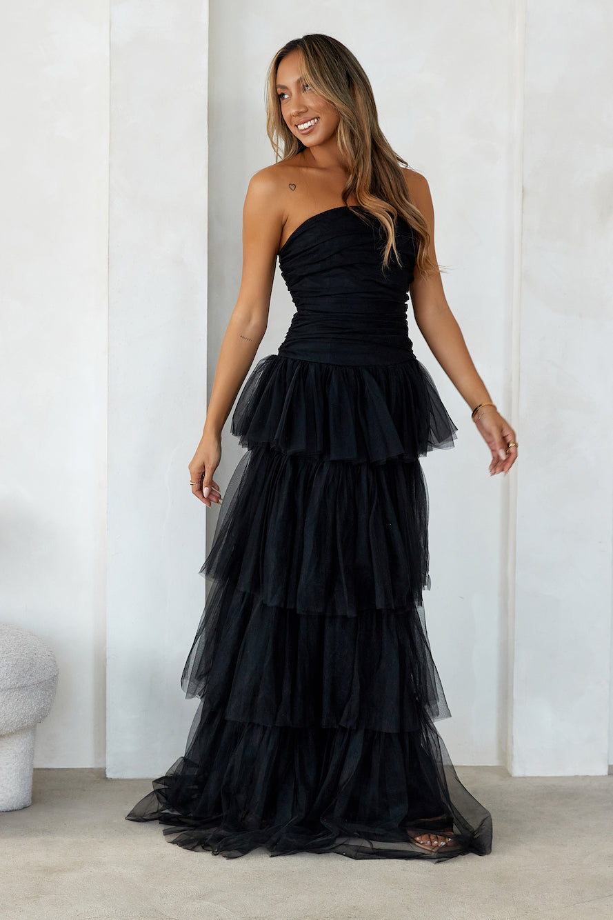 HELLO MOLLY Hidden Opal Strapless Tulle Maxi Dress Black