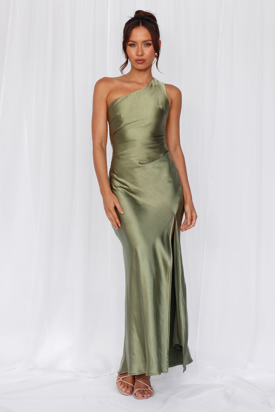 HELLO MOLLY The Aurora One Shoulder Satin Maxi Dress Olive