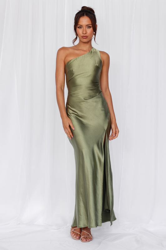 HELLO MOLLY The Aurora One Shoulder Satin Maxi Dress Olive