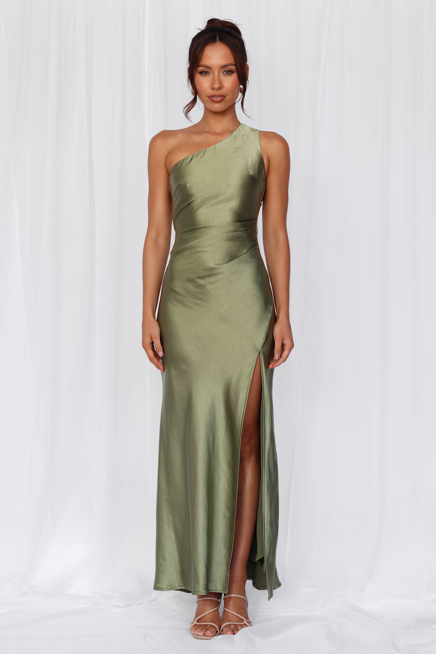 HELLO MOLLY The Aurora One Shoulder Satin Maxi Dress Olive
