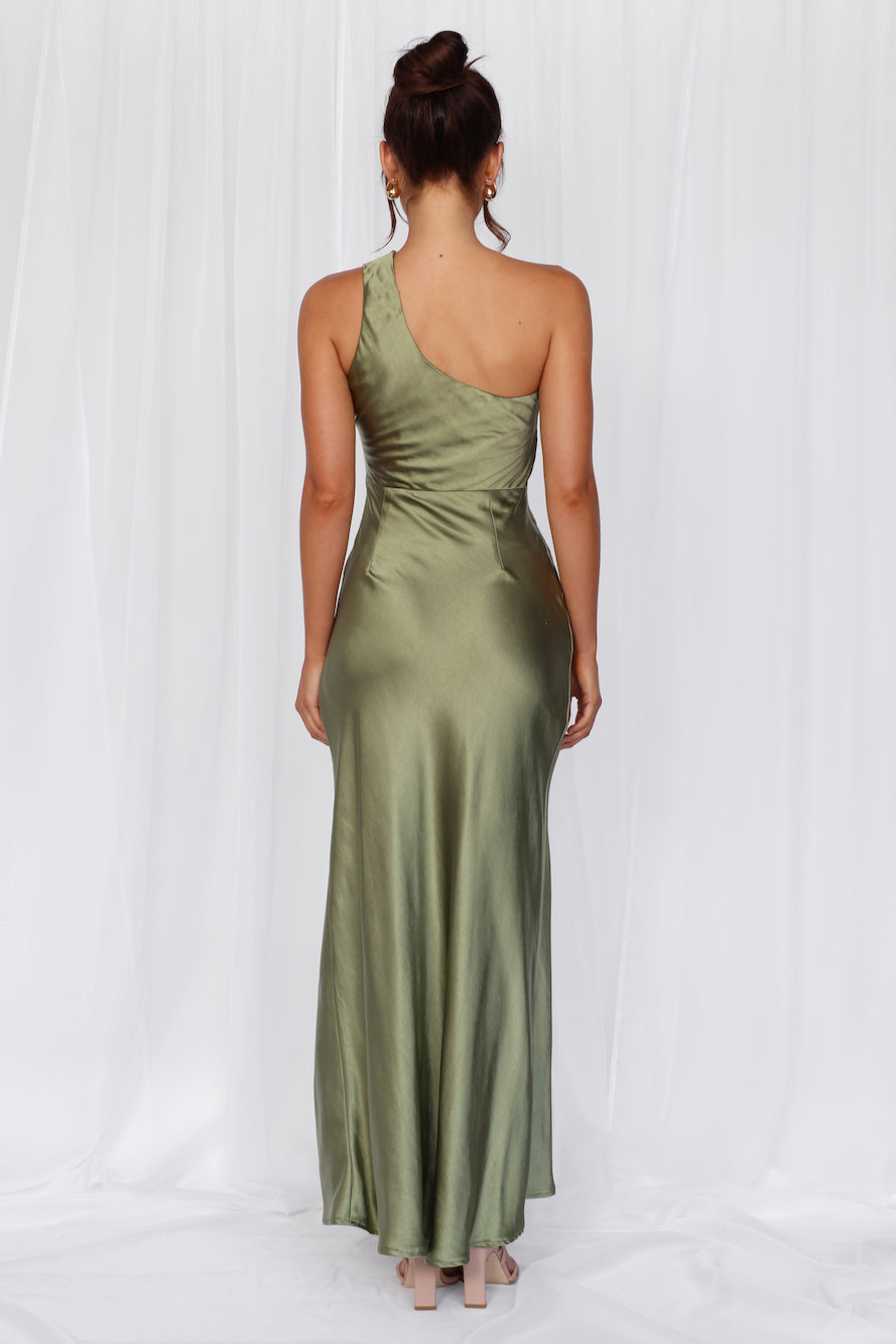 HELLO MOLLY The Aurora One Shoulder Satin Maxi Dress Olive