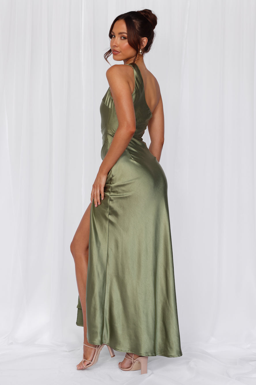 HELLO MOLLY The Aurora One Shoulder Satin Maxi Dress Olive