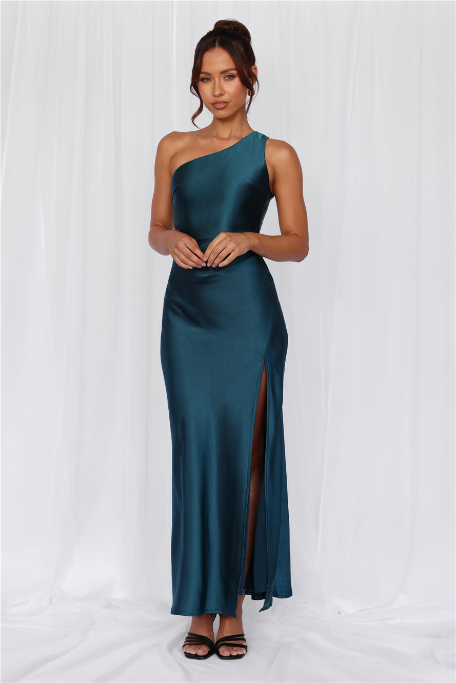 HELLO MOLLY The Aurora One Shoulder Satin Maxi Dress Teal