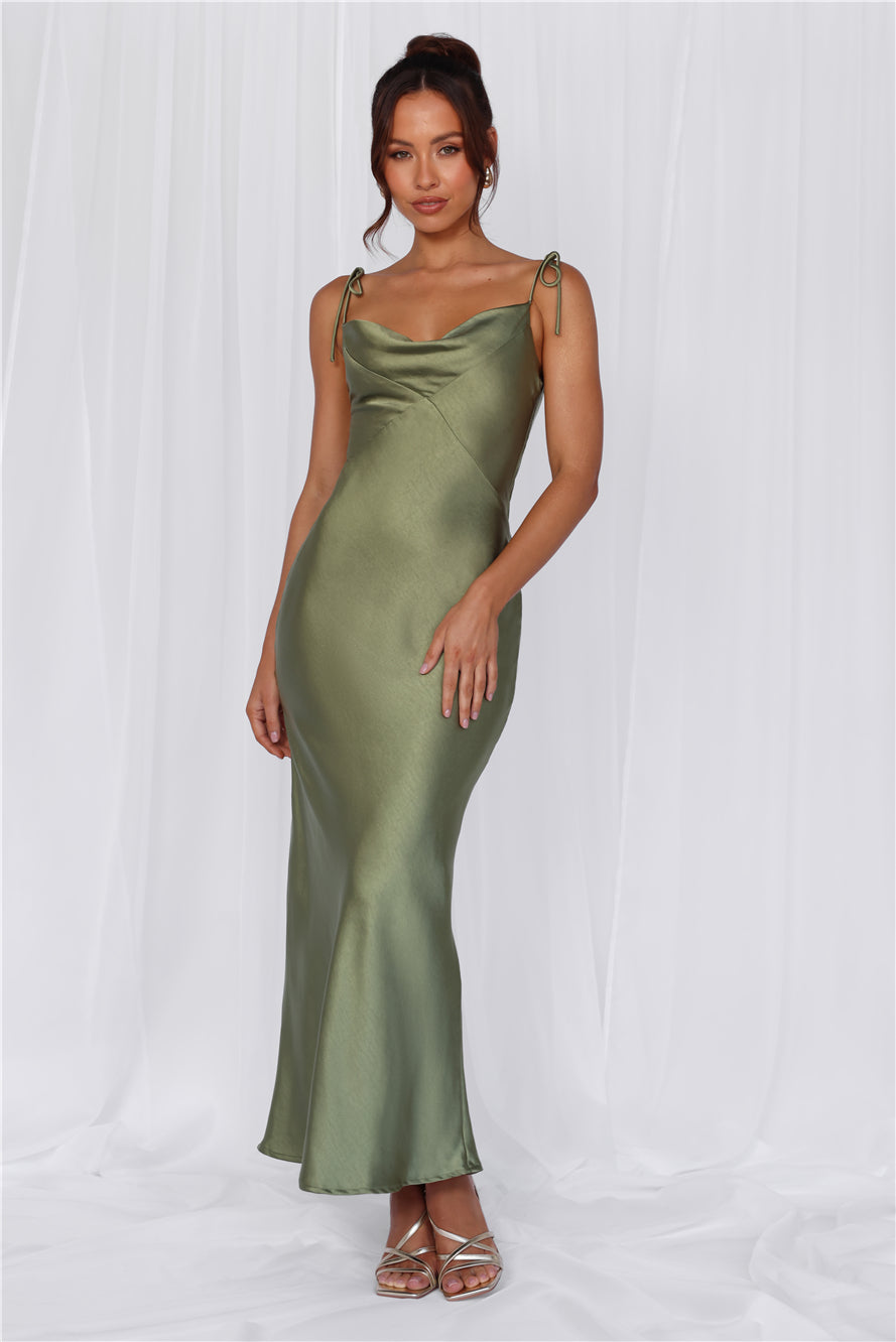 HELLO MOLLY The Penelope Cowl Satin Maxi Dress Olive