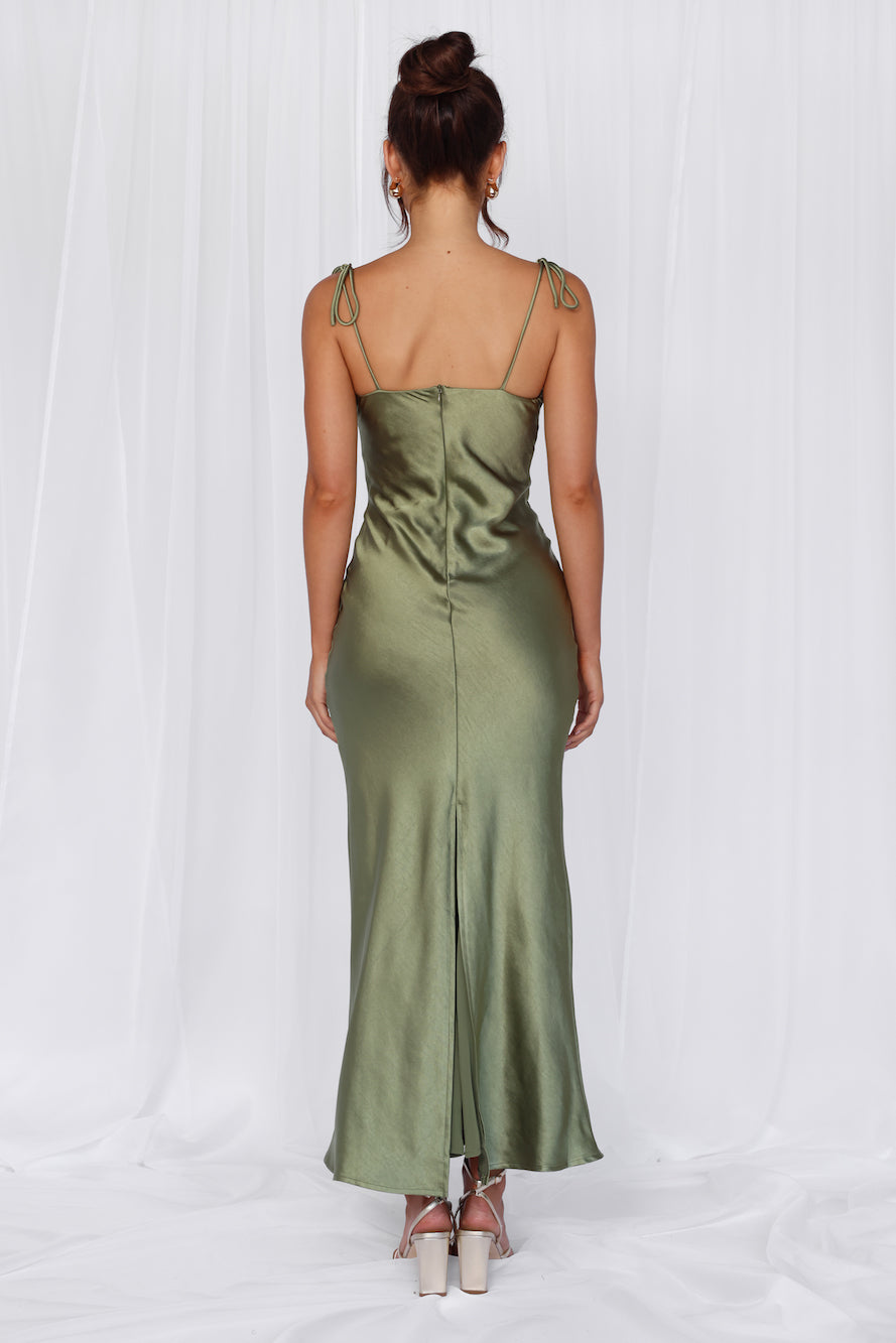 HELLO MOLLY The Penelope Cowl Satin Maxi Dress Olive