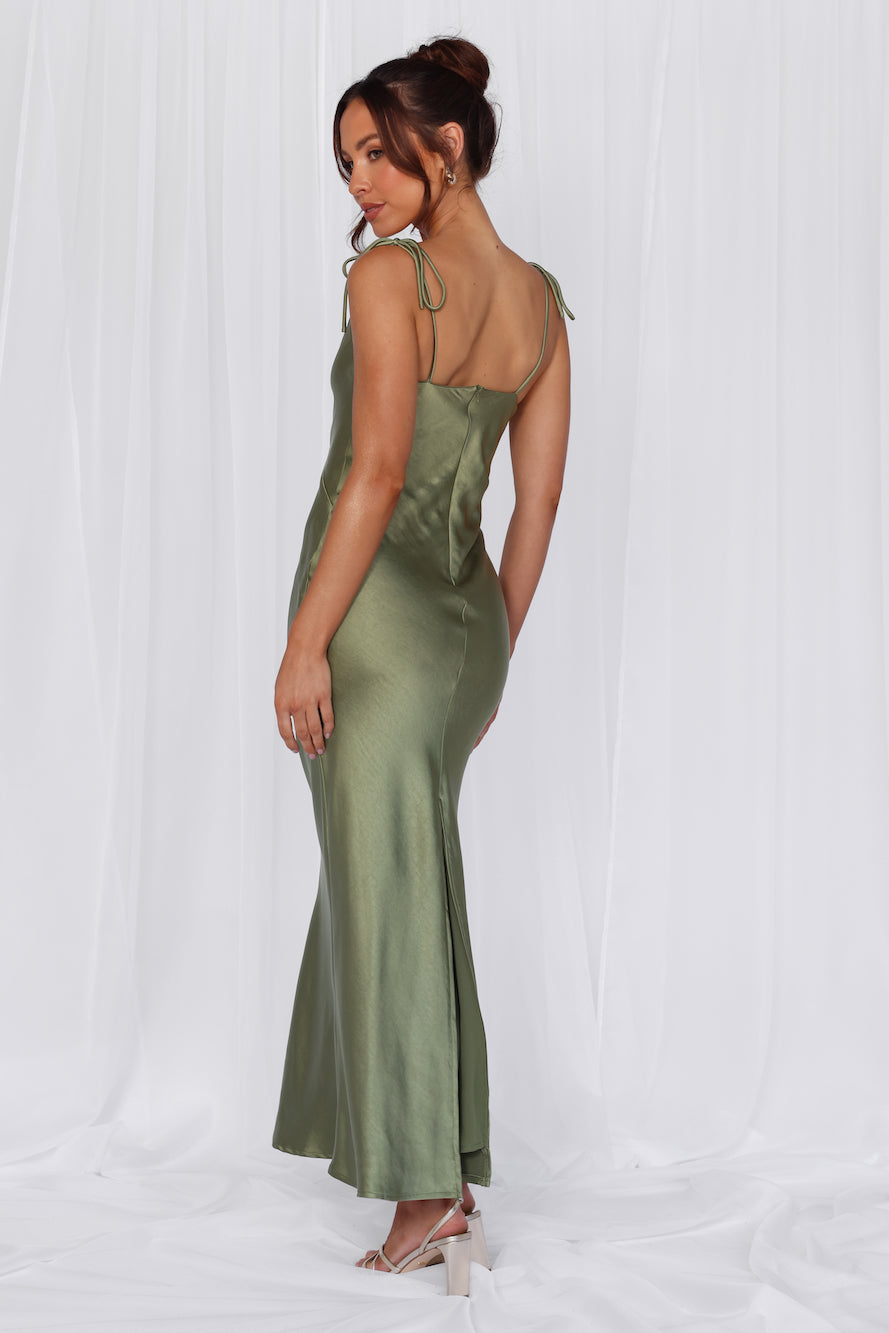 HELLO MOLLY The Penelope Cowl Satin Maxi Dress Olive