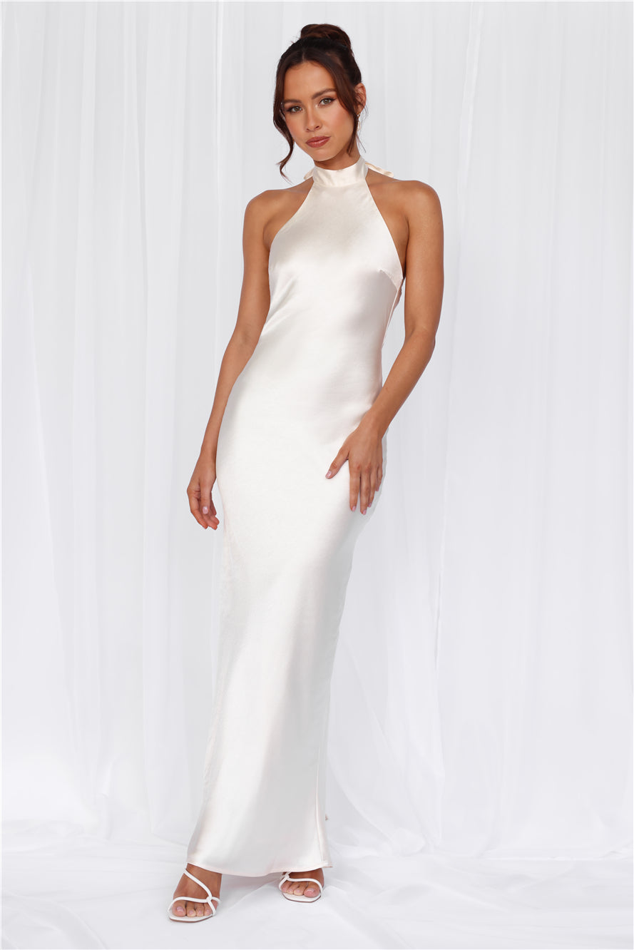 HELLO MOLLY The Cleo Halter Satin Maxi Dress Pearl