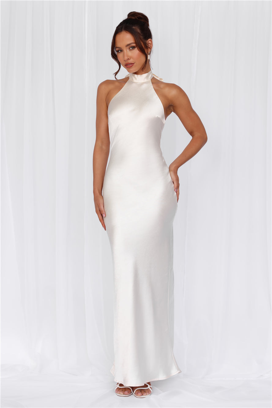 HELLO MOLLY The Cleo Halter Satin Maxi Dress Pearl