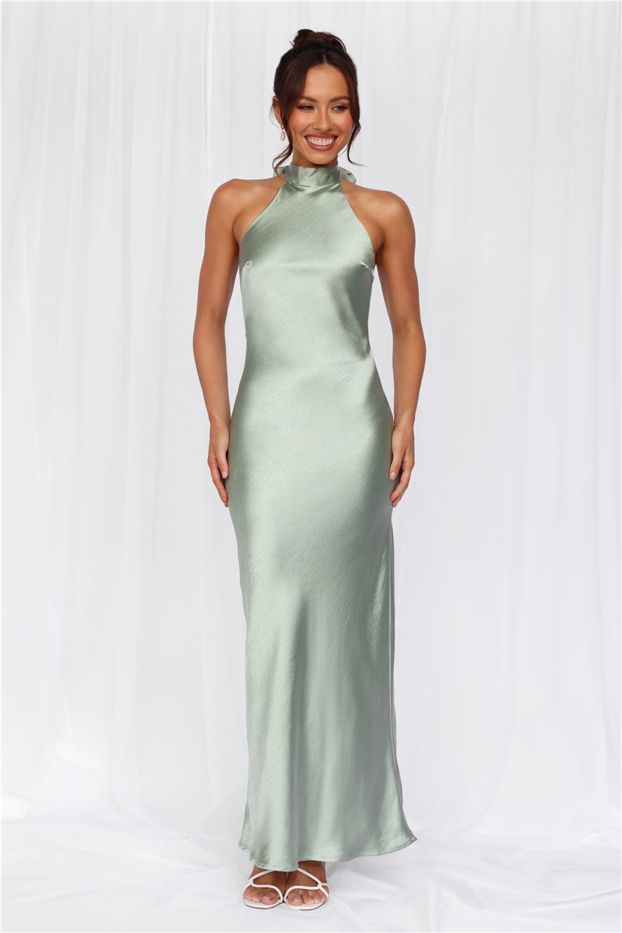 HELLO MOLLY The Cleo Halter Satin Maxi Dress Sage