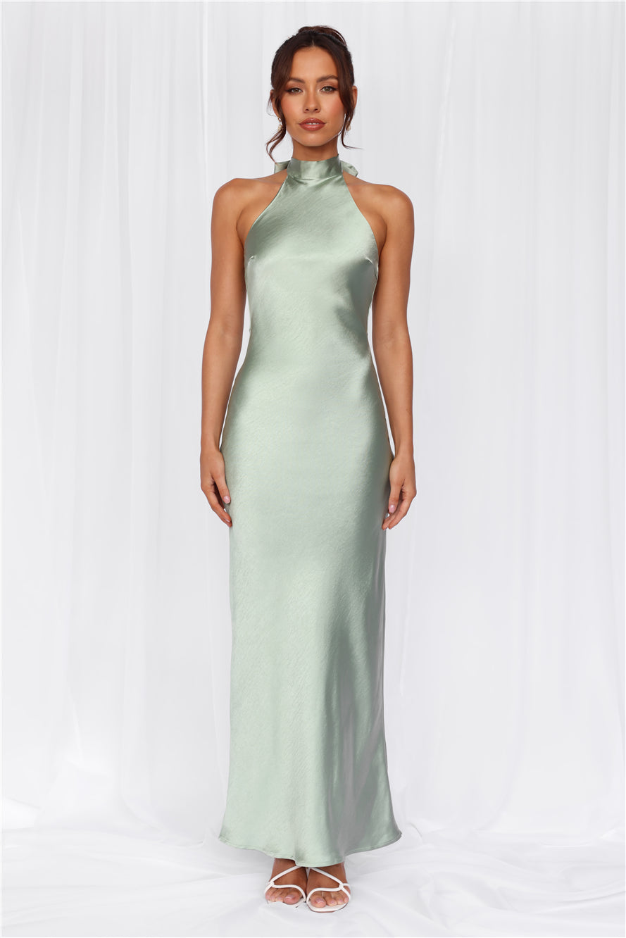 HELLO MOLLY The Cleo Halter Satin Maxi Dress Sage