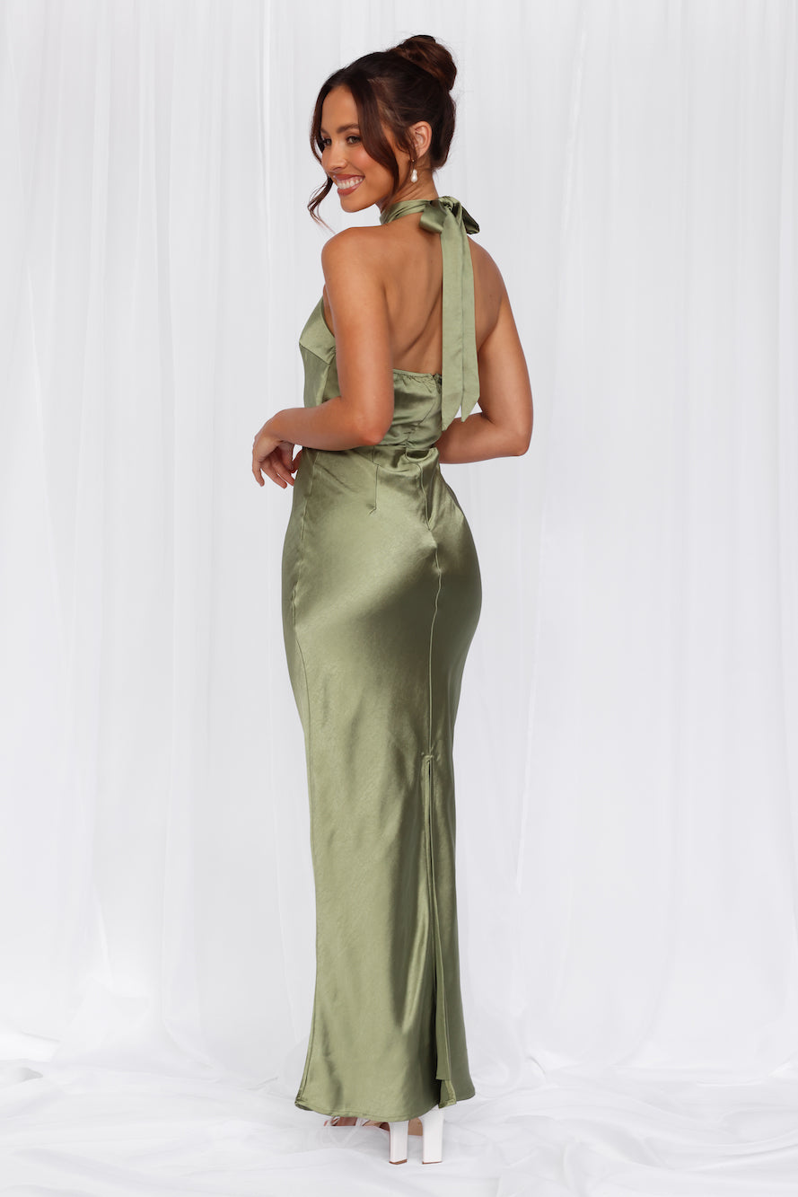 HELLO MOLLY The Cleo Halter Satin Maxi Dress Olive