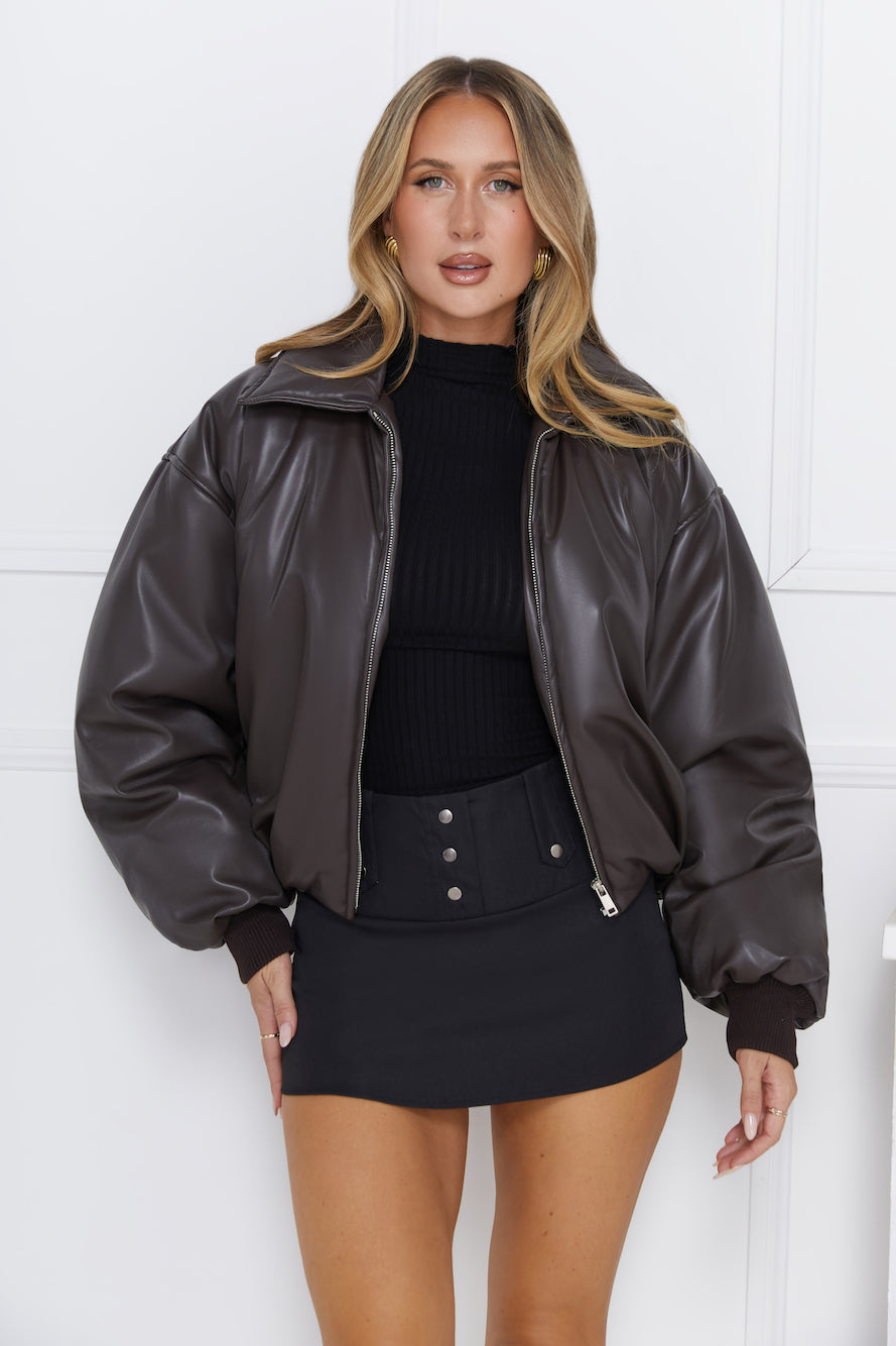 Luxe Heritage Faux Leather Bomber Jacket Brown
