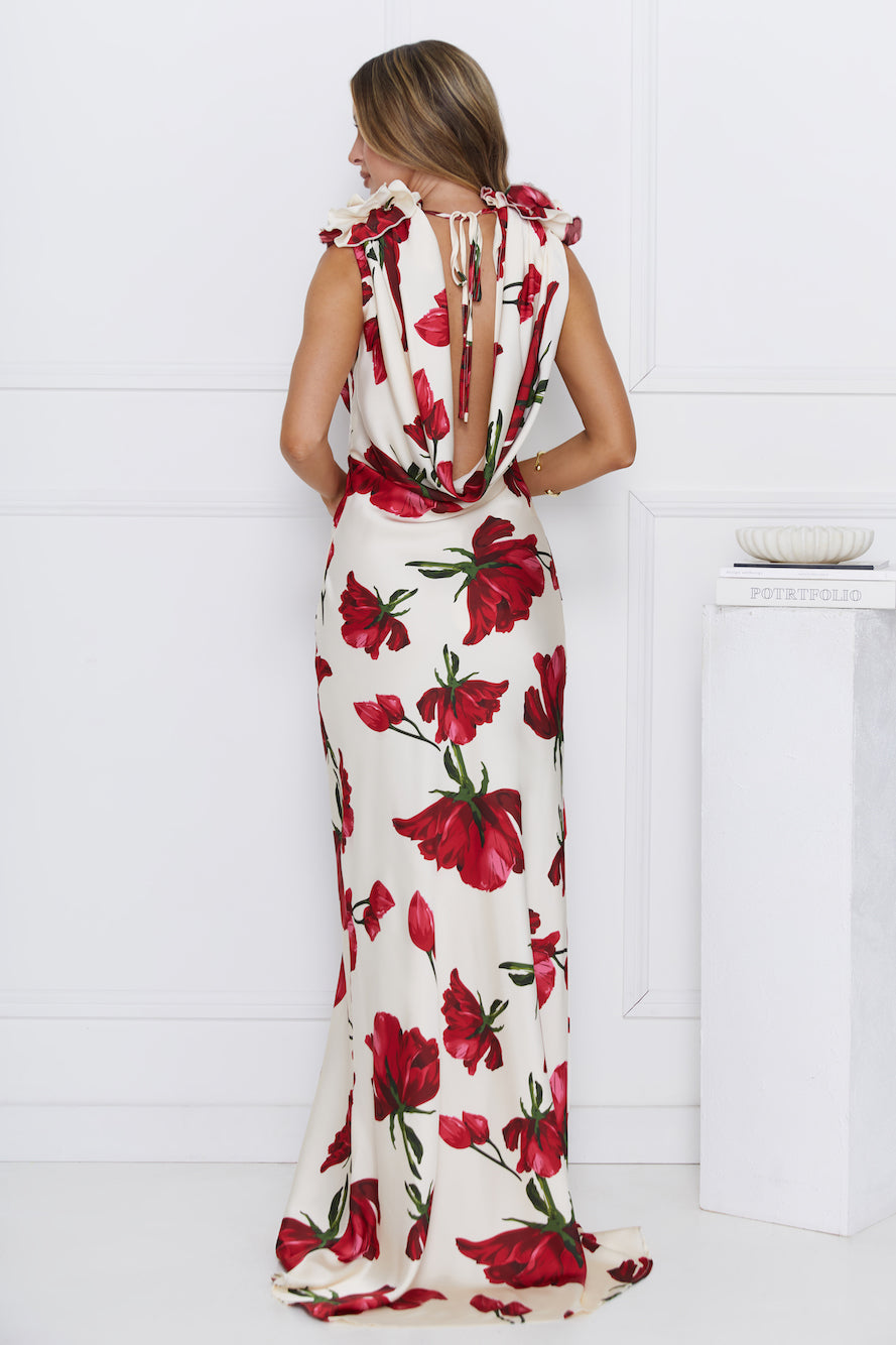 Falling Petals Satin Maxi Dress Ivory