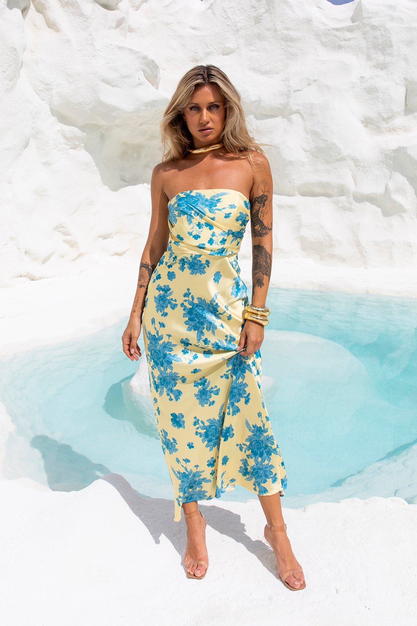Language Of Blooms Satin Strapless Maxi Dress Yellow