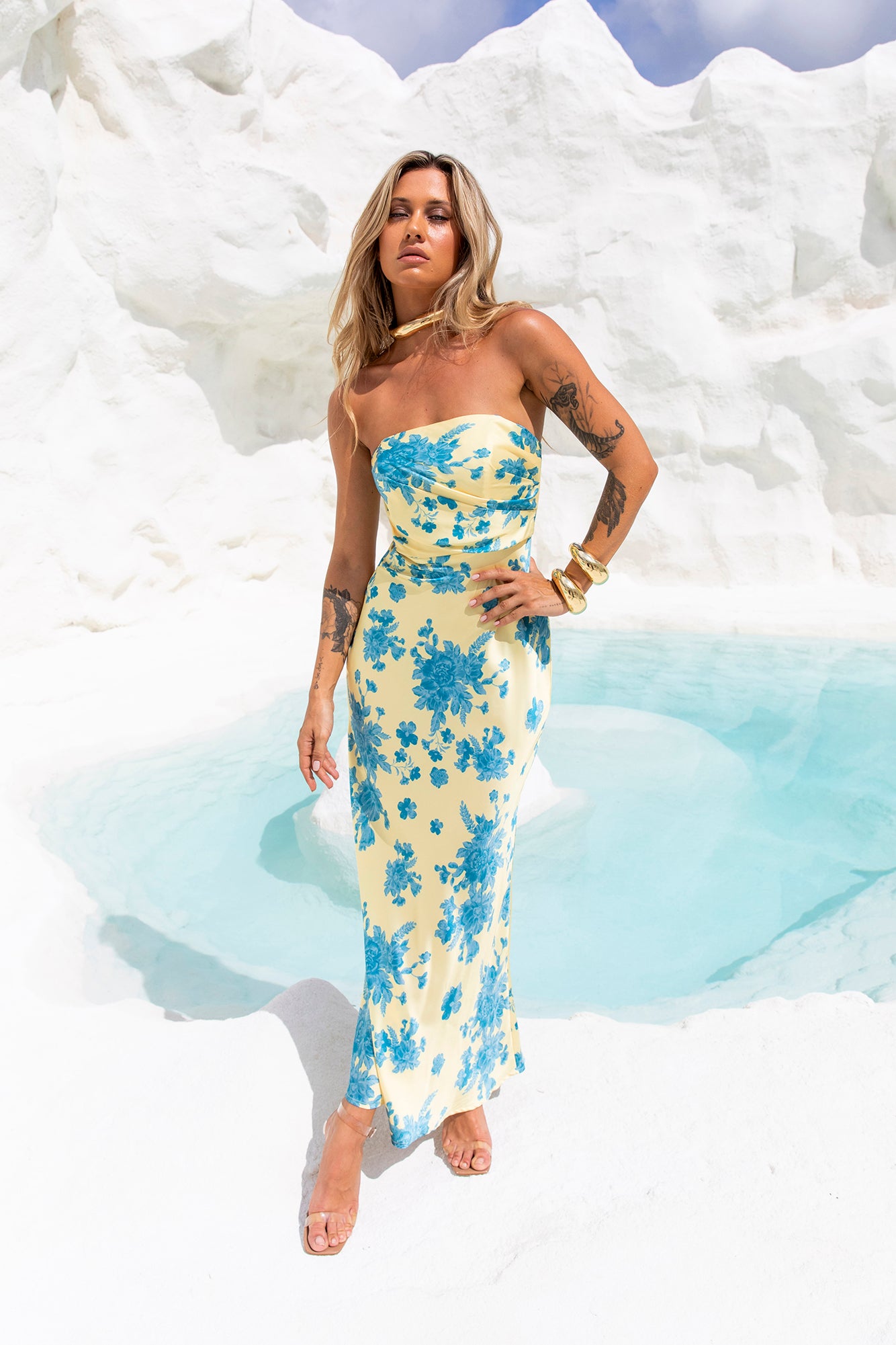 Language Of Blooms Satin Strapless Maxi Dress Yellow