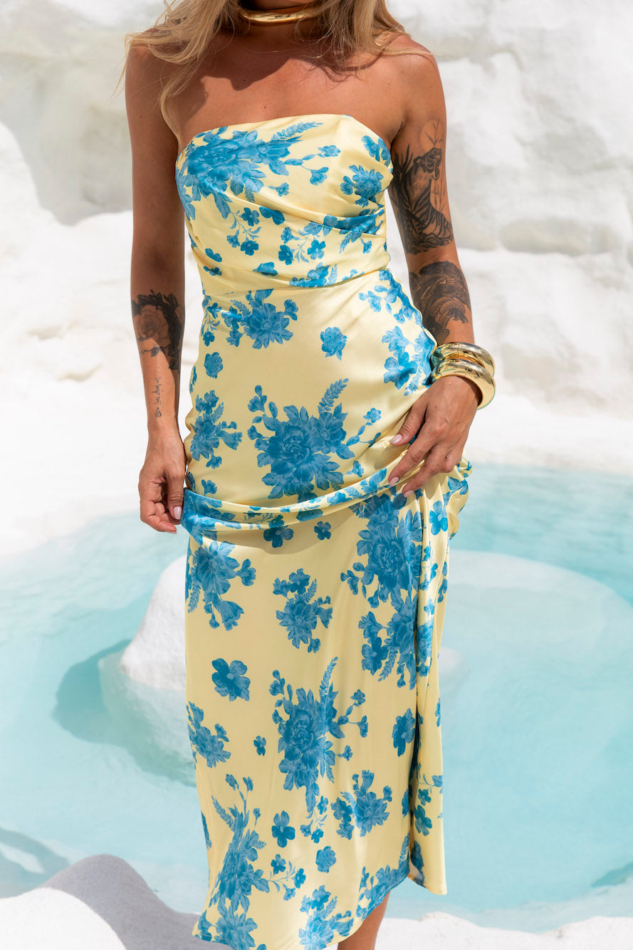 Language Of Blooms Satin Strapless Maxi Dress Yellow