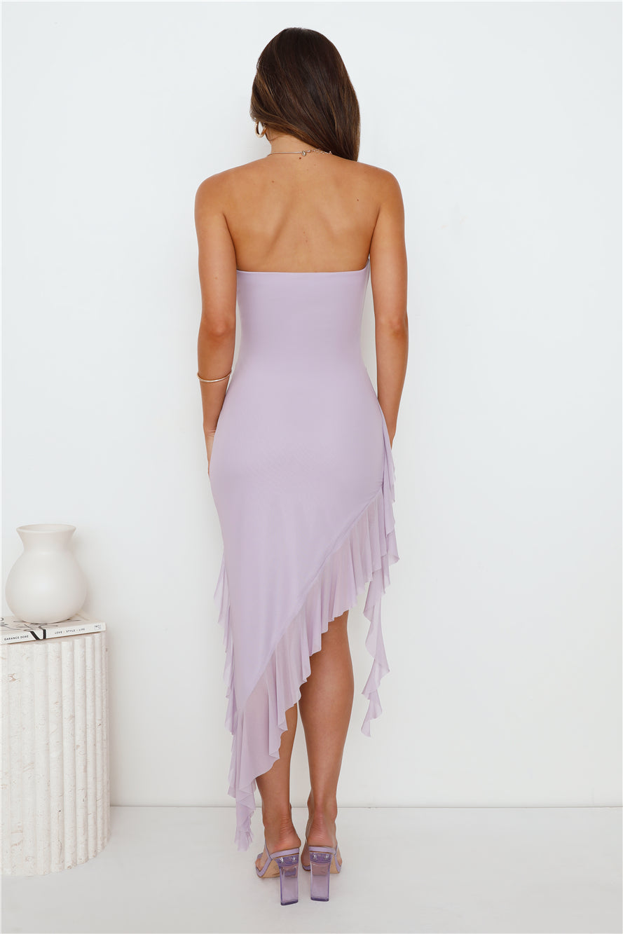 Social Status Strapless Mesh Frill Midi Dress Lilac