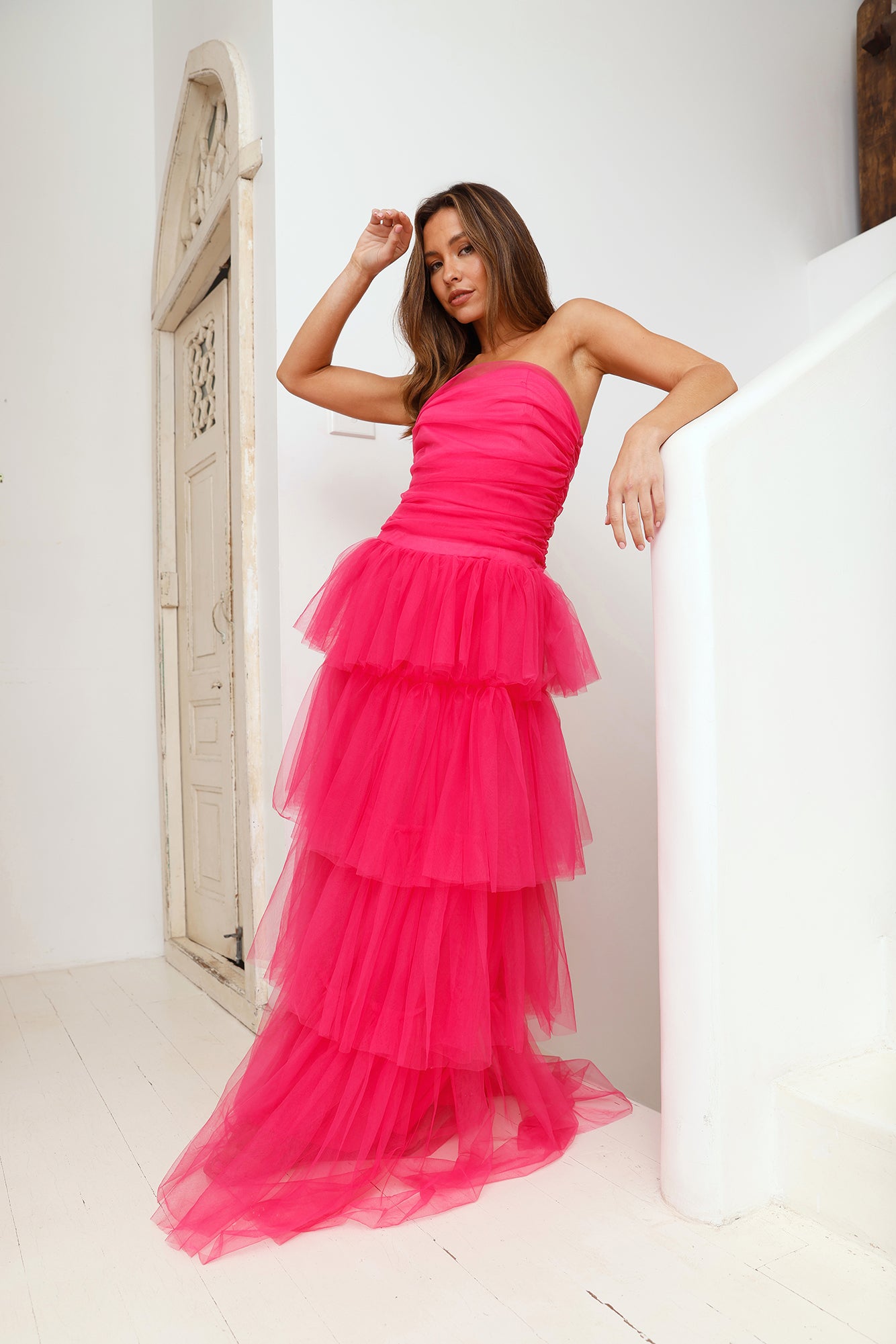 HELLO MOLLY Hidden Opal Strapless Tulle Maxi Dress Hot Pink