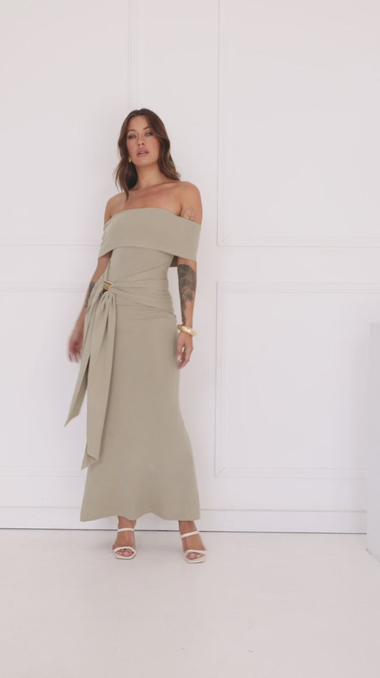 Contemporary Vibe Off Shoulder Maxi Dress Sage